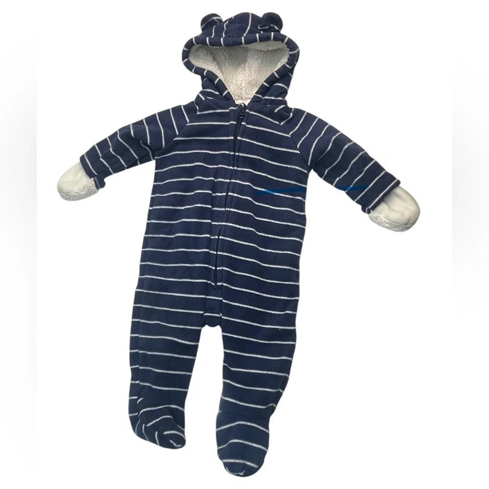 Old Navy Blue and White Striped Footie One Piece with Hood 3-6m baby